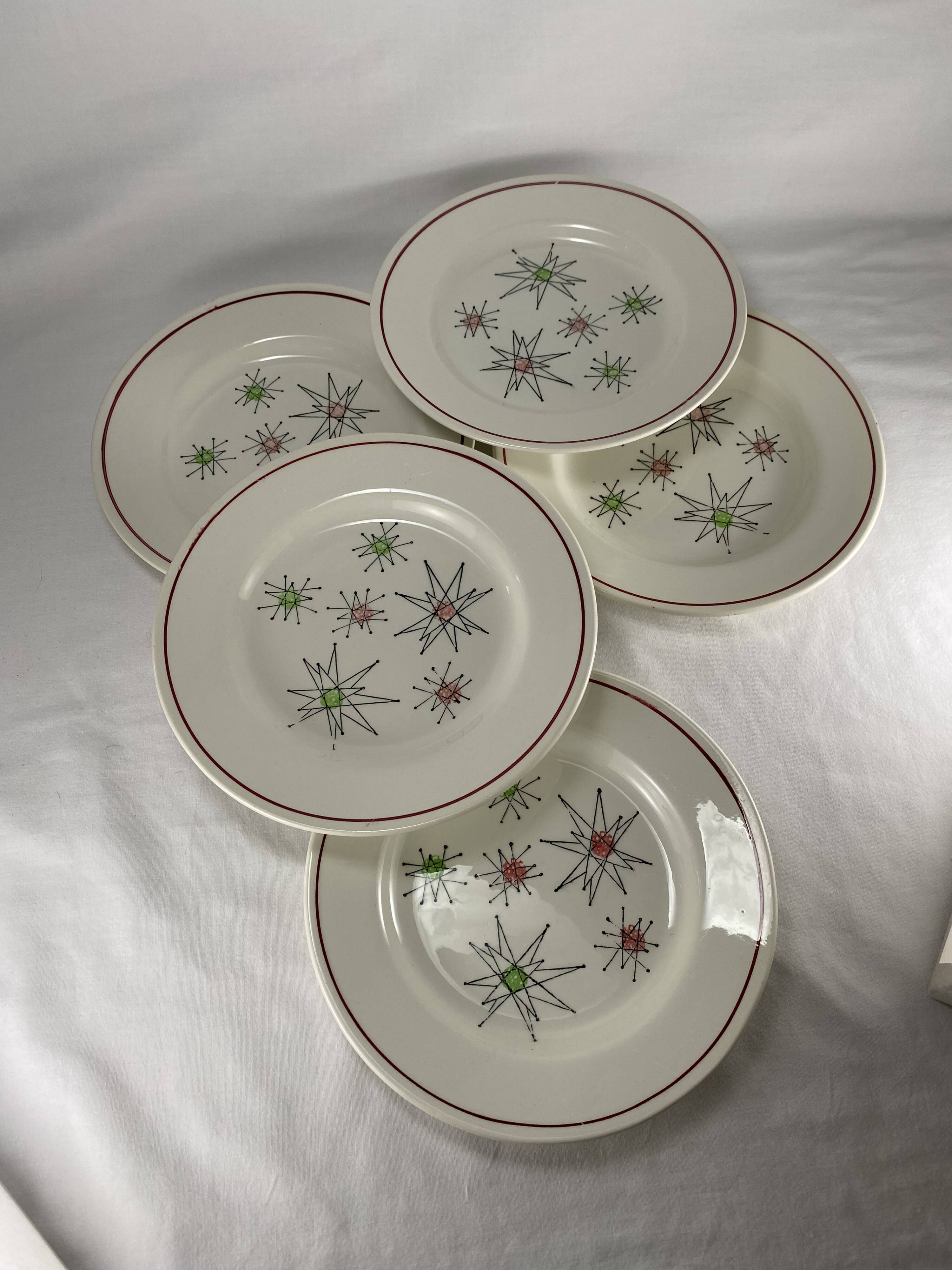 Ensemble de 5 assiettes à dessert vintage Gien des années 1950 avec motif Comètes