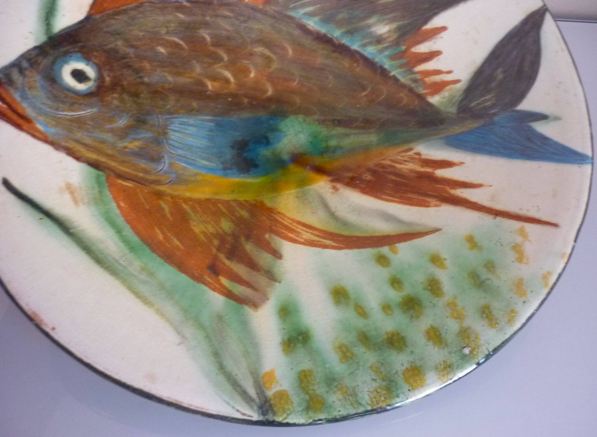 Ceramic dish, enameled terracotta, signed Puigdemont, 1960s, fish