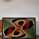 Large psychedelic design painting with multicolored stitch and thread from the 1970s
