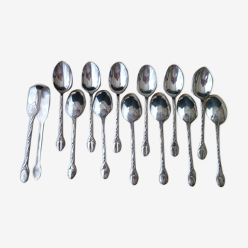Coffret de 12 cuillères à moka et pince à sucre en métal argenté Dixi
