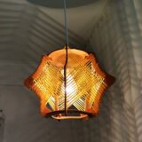 Vintage 1960s wood and straw wooden ceiling hanging lamp