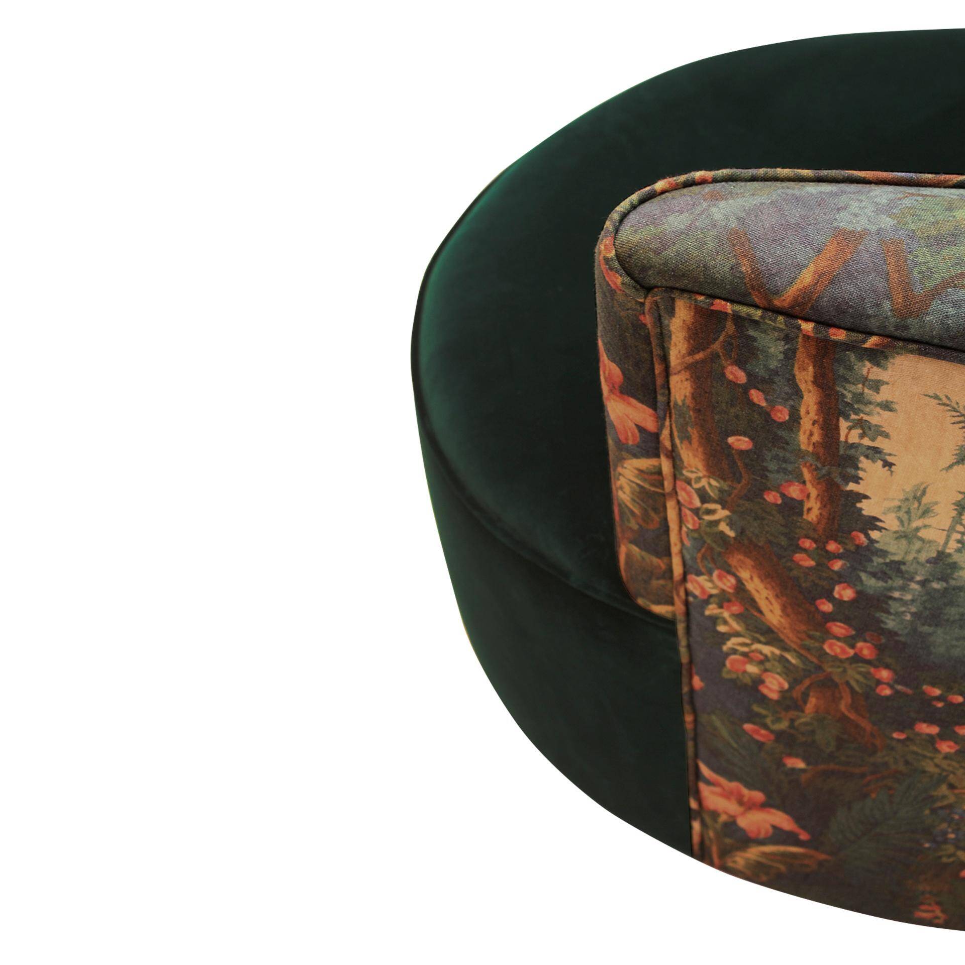 Modern Mid-Century Style Green and Forest Motif Linen and Velvet Armchair France