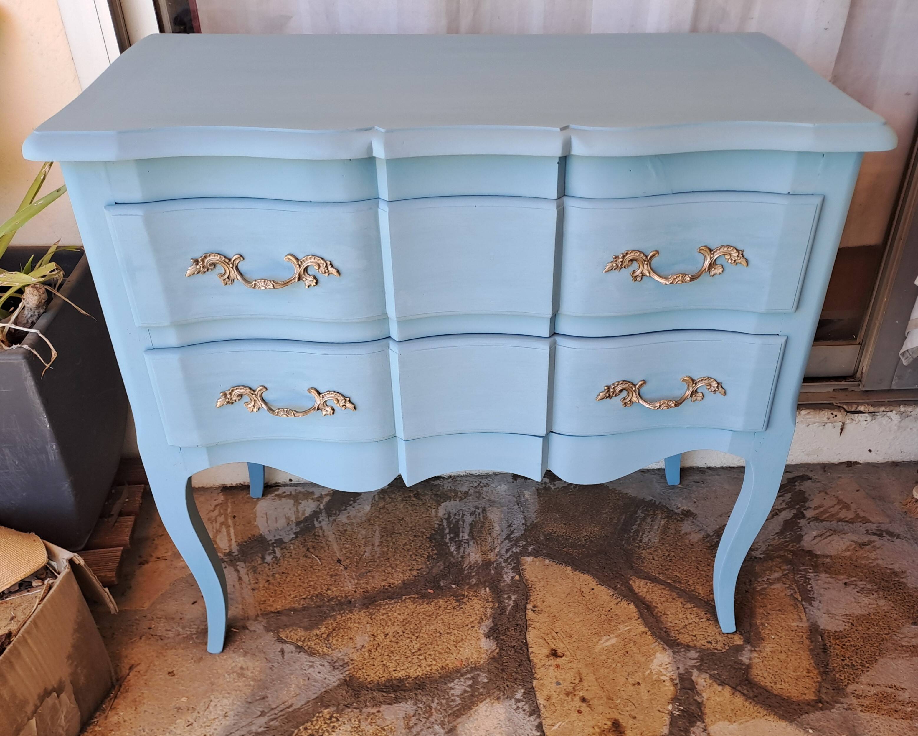 Louis XV style solid wood chest of drawers repainted in lagoon blue with 2 drawers