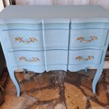 Commode en bois massif repeint bleu lagune style Louis XV à 2 tiroirs
