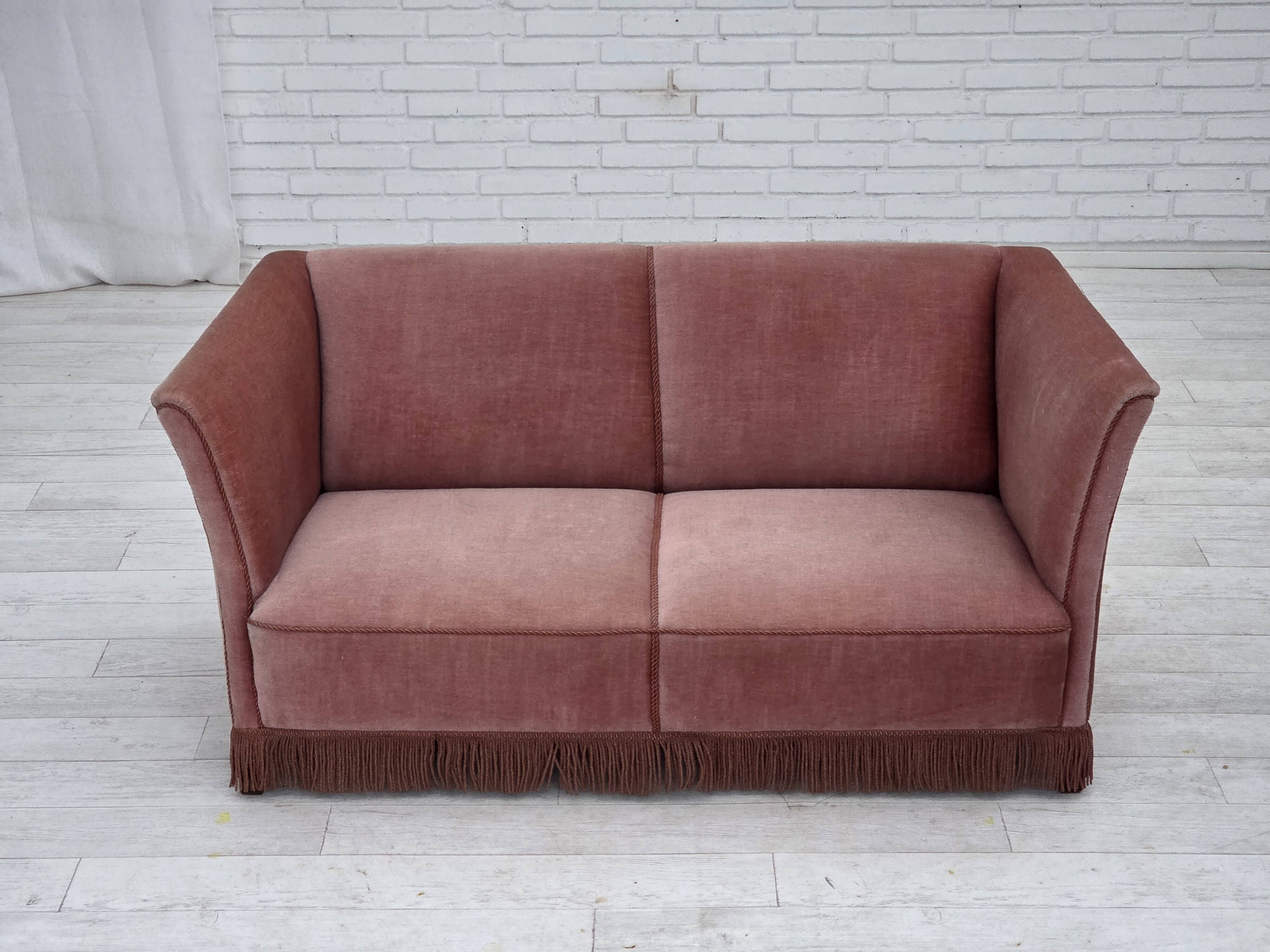 1970s, Danish 2-seater sofa, original salmon pink furniture velour.