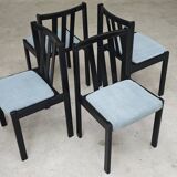 Set of 4 modernist black chairs with light blue ribbed fabric