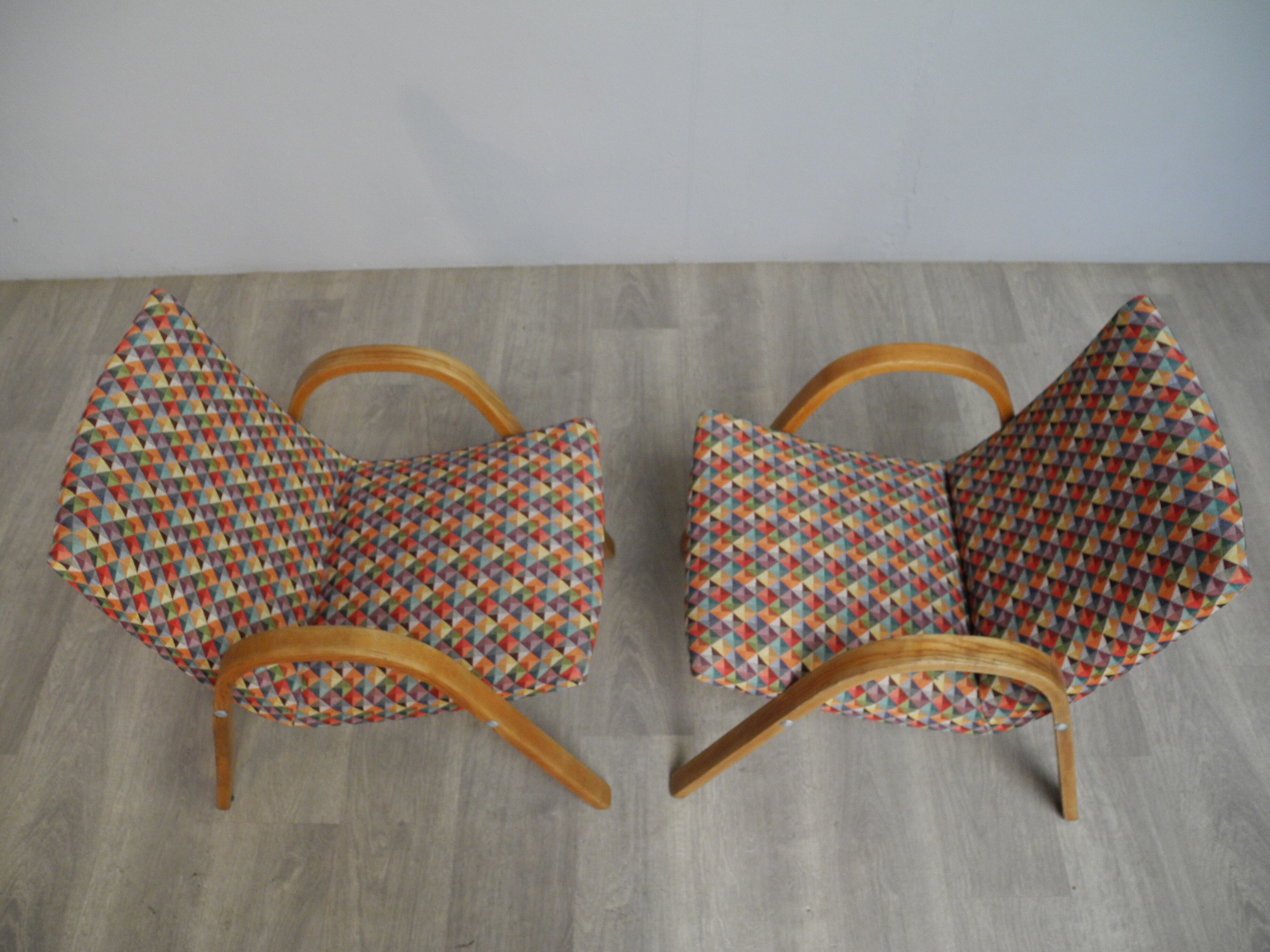 Pair of vintage wooden armchairs and harlequin fabric year 70