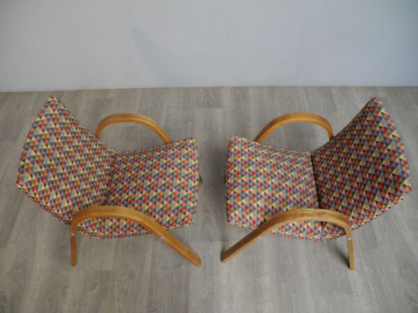 Paire de fauteuils vintage en bois et tissu arlequin année 70