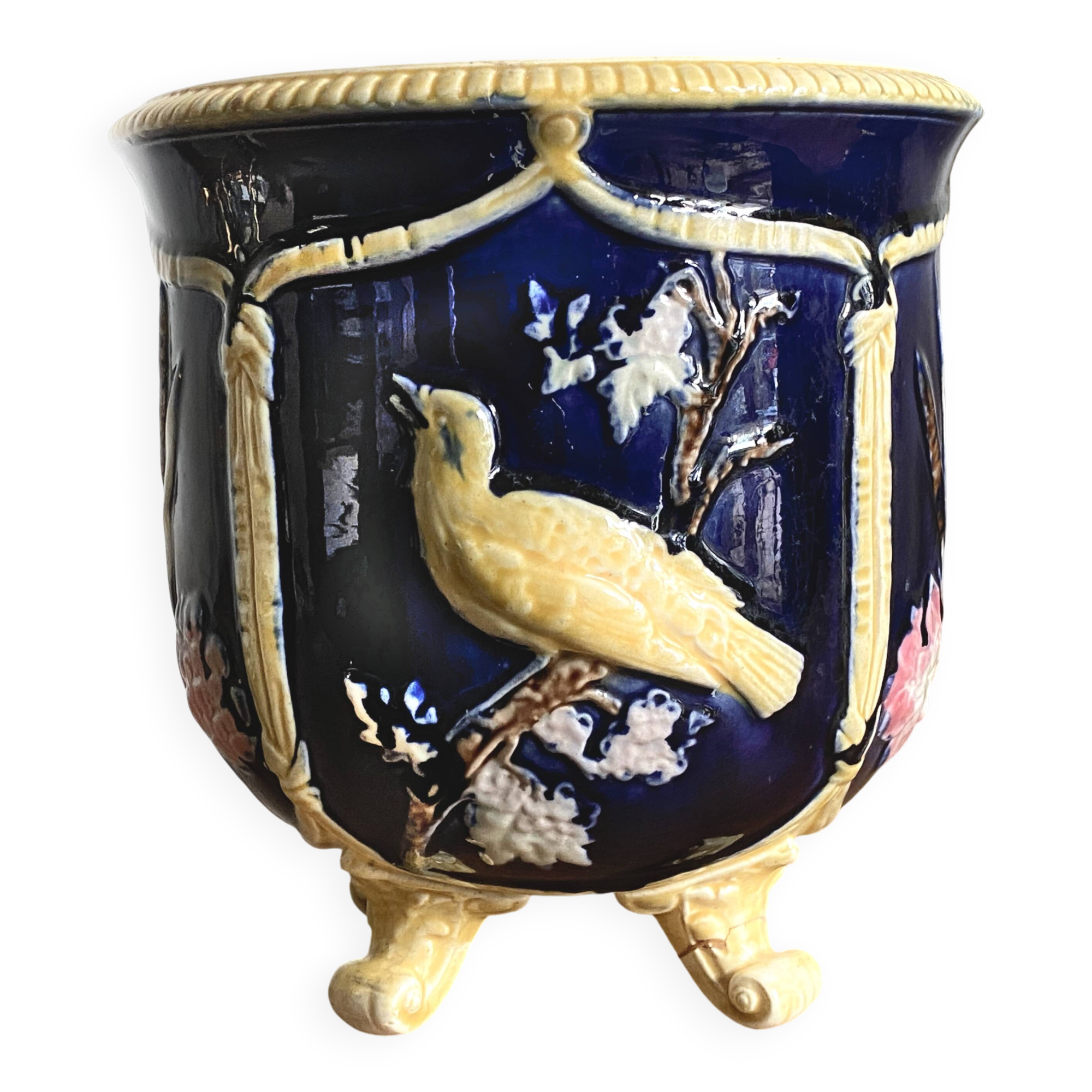 Antique earthenware flowerpot with bird decoration - circa 1900