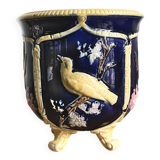 Antique earthenware flowerpot with bird decoration - circa 1900