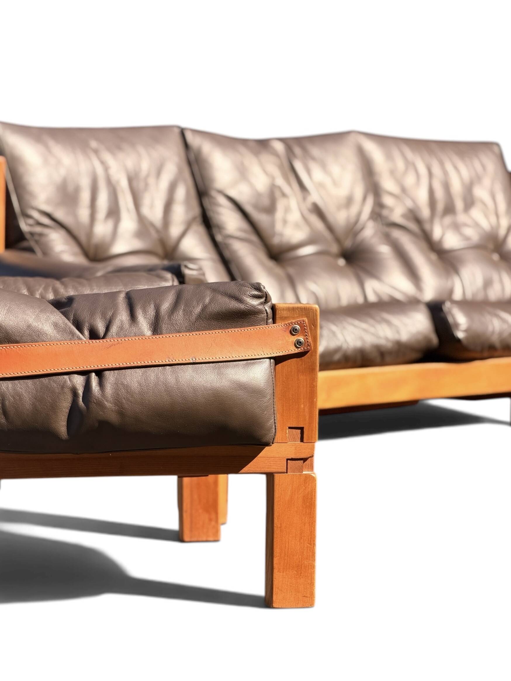 Ensemble Salon Pierre Chapo - Canapé S32 & Fauteuil S15 - Orme & Cuir Brun