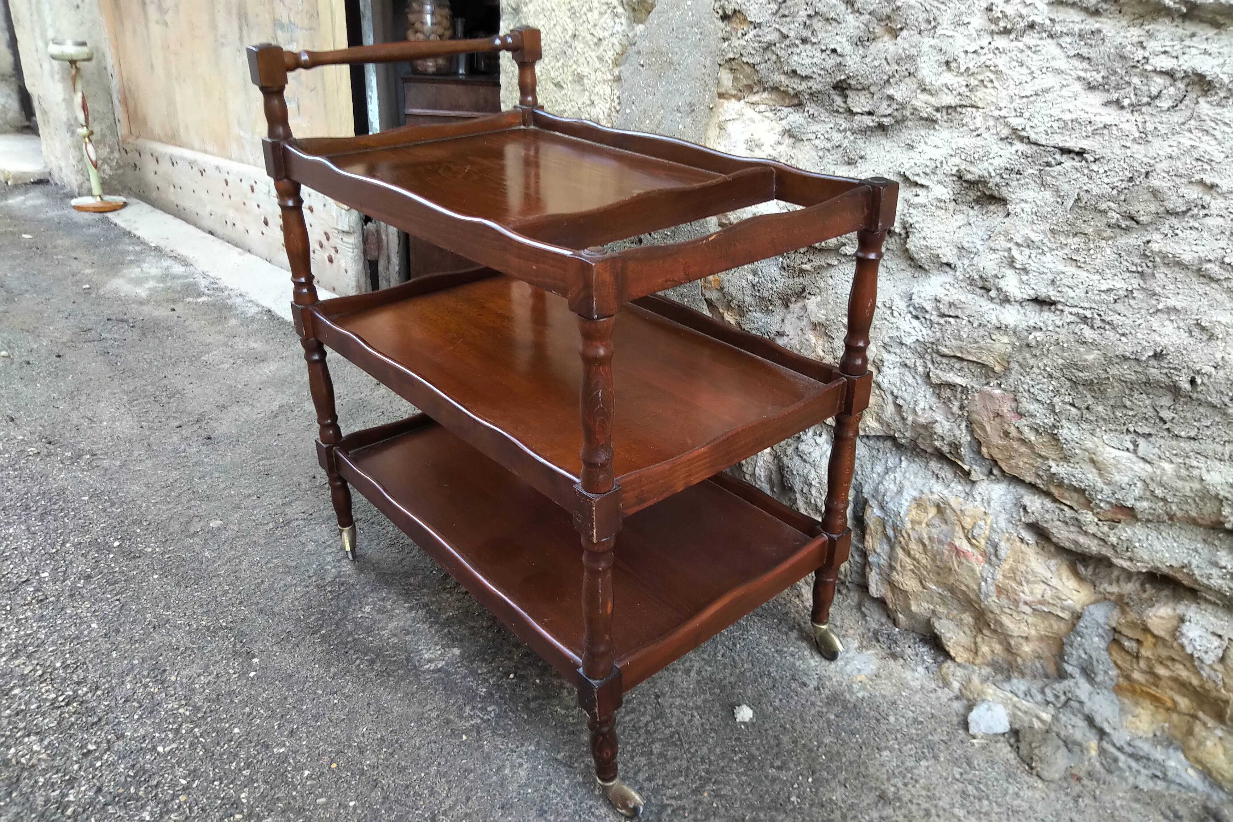 Desserte vintage en acajou sur roulettes