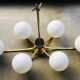 Large space-age chandelier with 6 lights - brass and opaline - design 1970