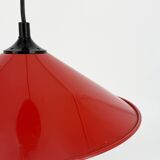 Red conical pendant light in enamelled metal