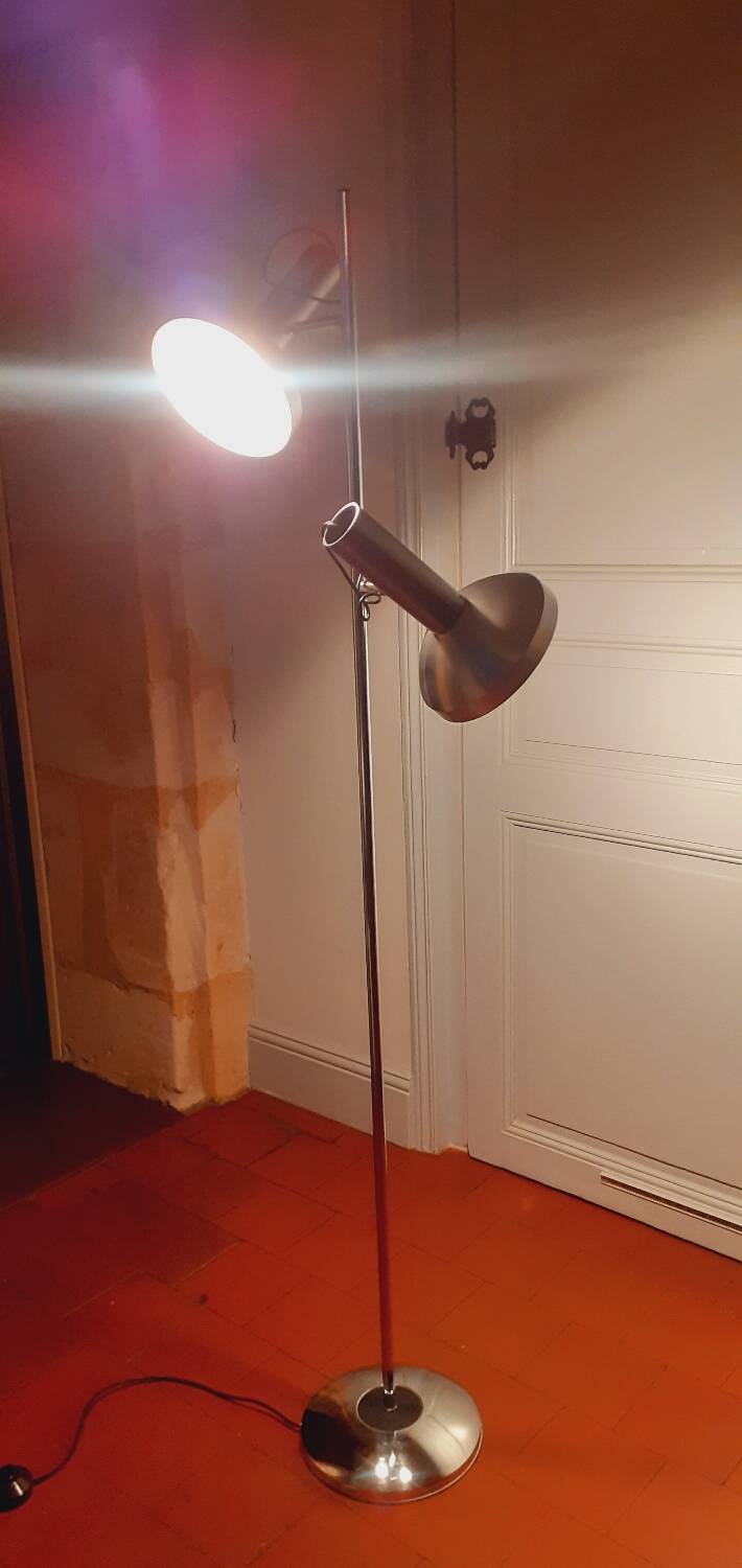 Floor lamp, reading light with two spots from the 70s in chromed metal and brushed aluminum