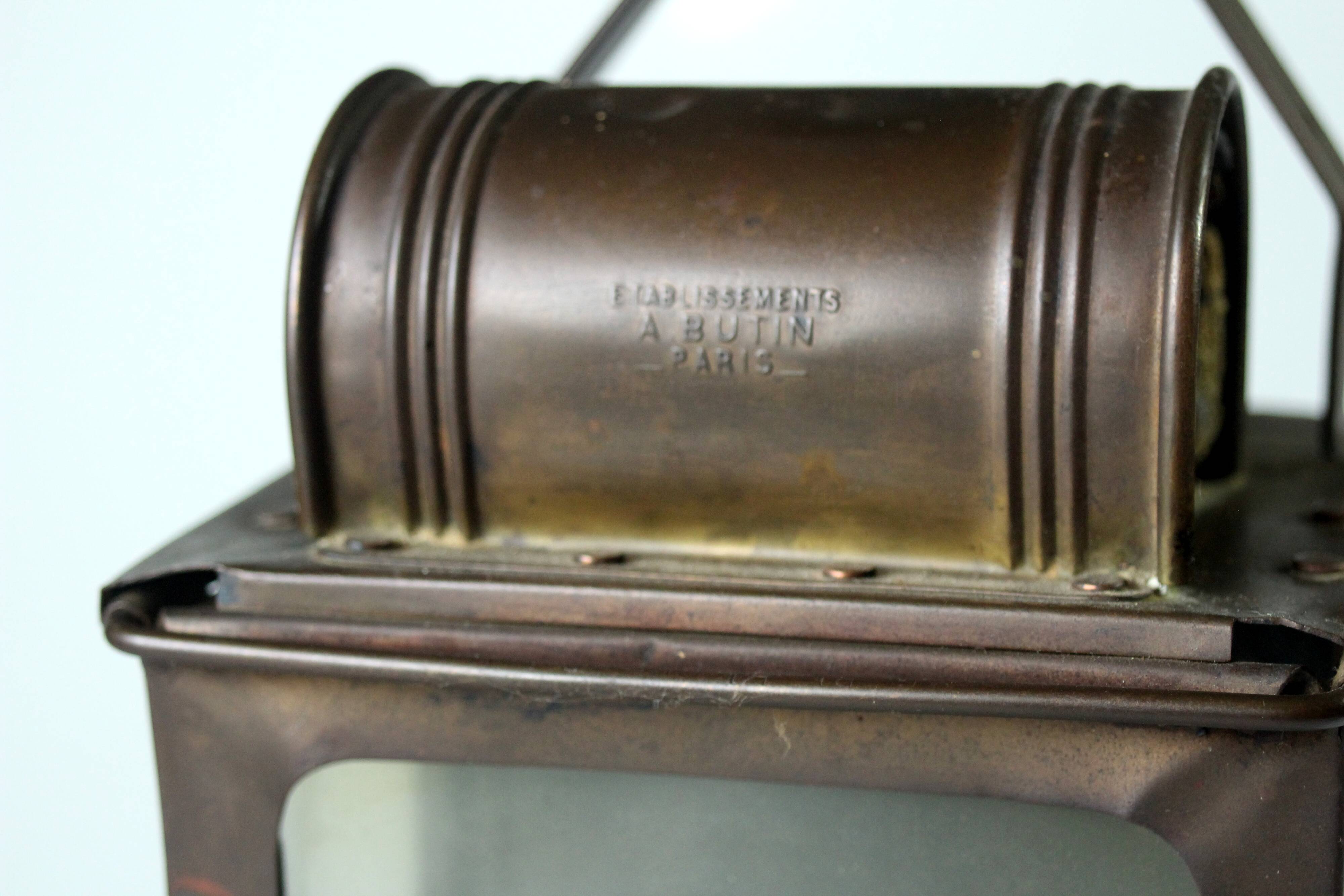 1930s - old carbide lamp, railway signal lamp, made of copper, metal and glass, by A. Butin/Paris