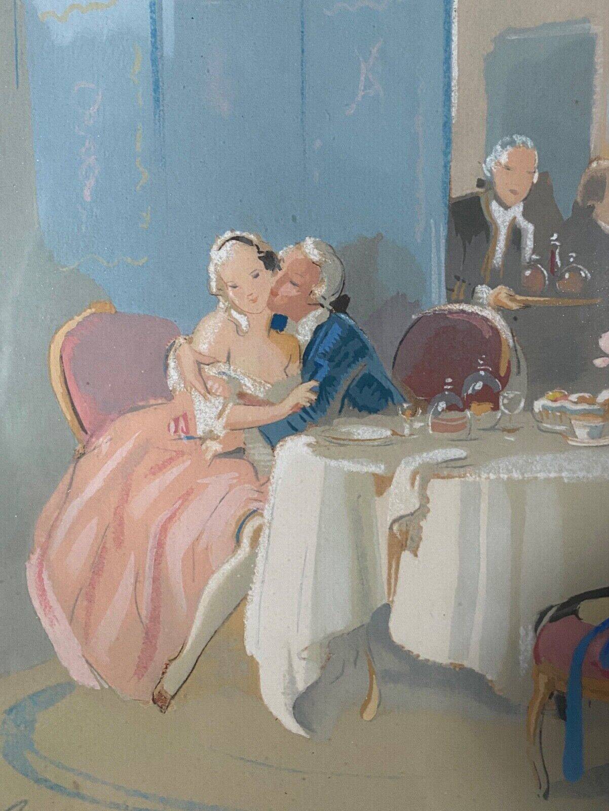 Watercolor on paper in the style of Guiraud de Scévola interior scene