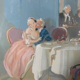 Watercolor on paper in the style of Guiraud de Scévola interior scene