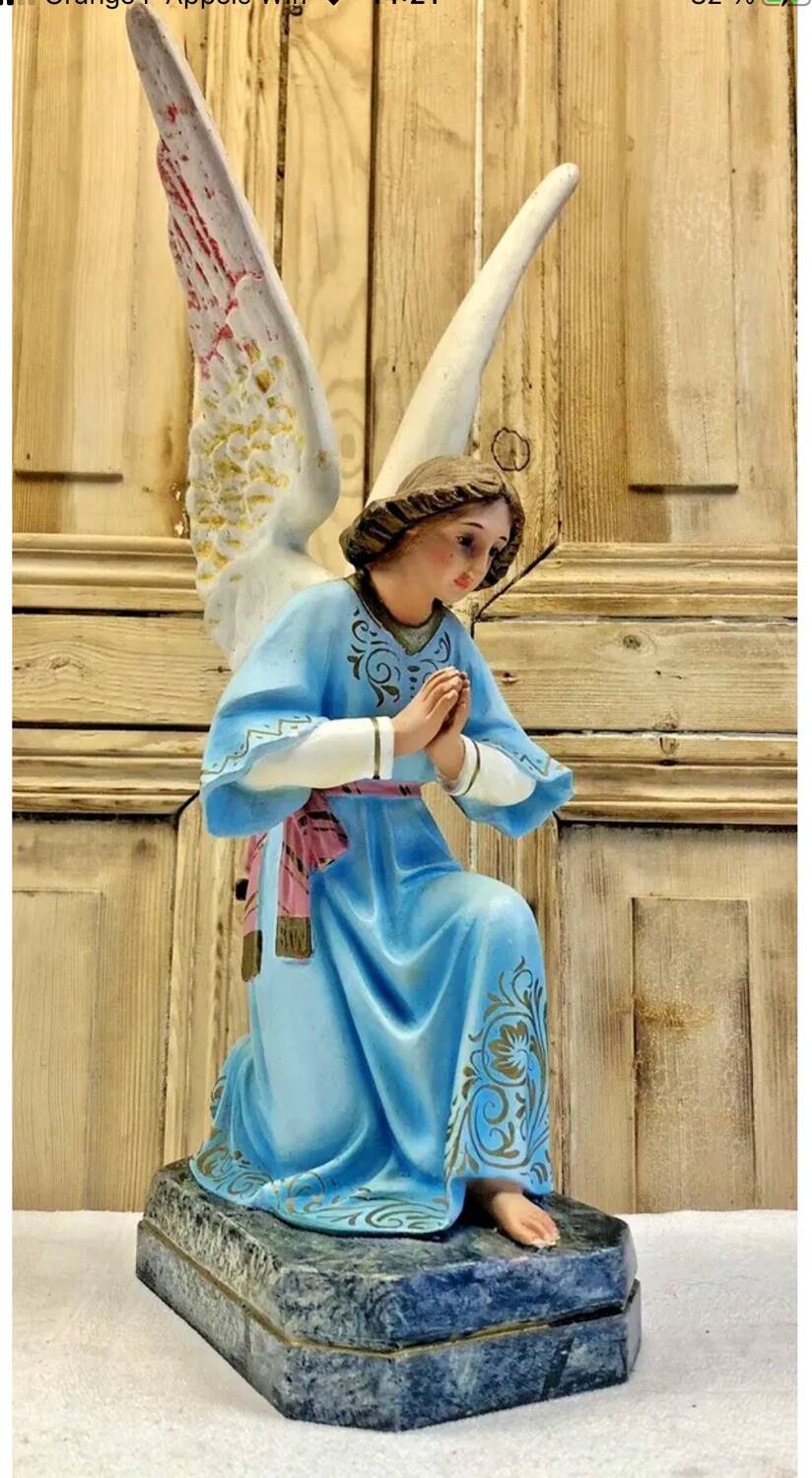 Large altar angel 42.5 cm plaster church statue sulphide eyes XIX