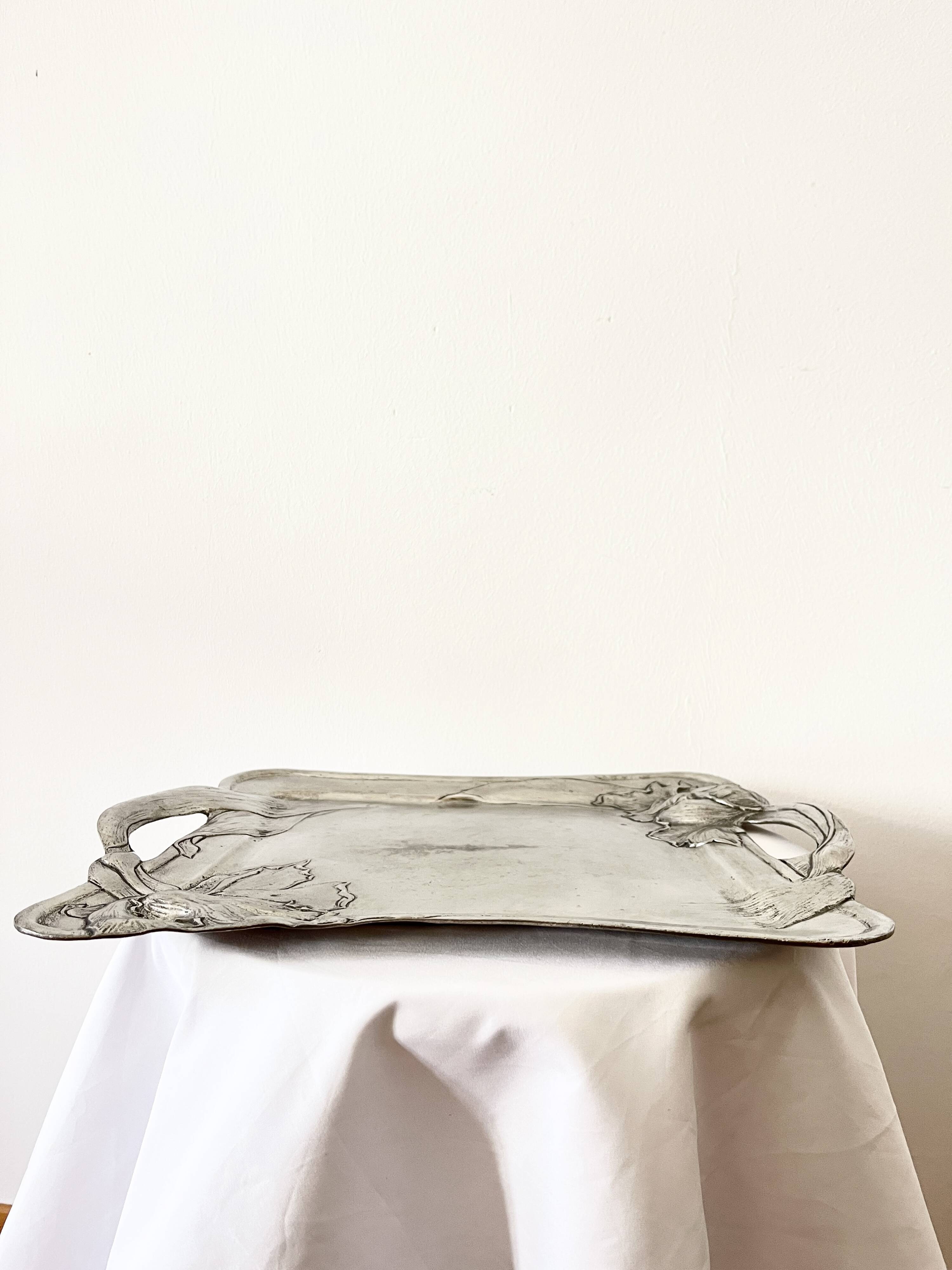 Antique Art Nouveau Pewter Tray, Tulip Design Serving Tray,  France, 1980s