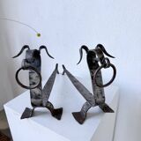 Pair of zoomorphic metal andirons "dogs" 1950