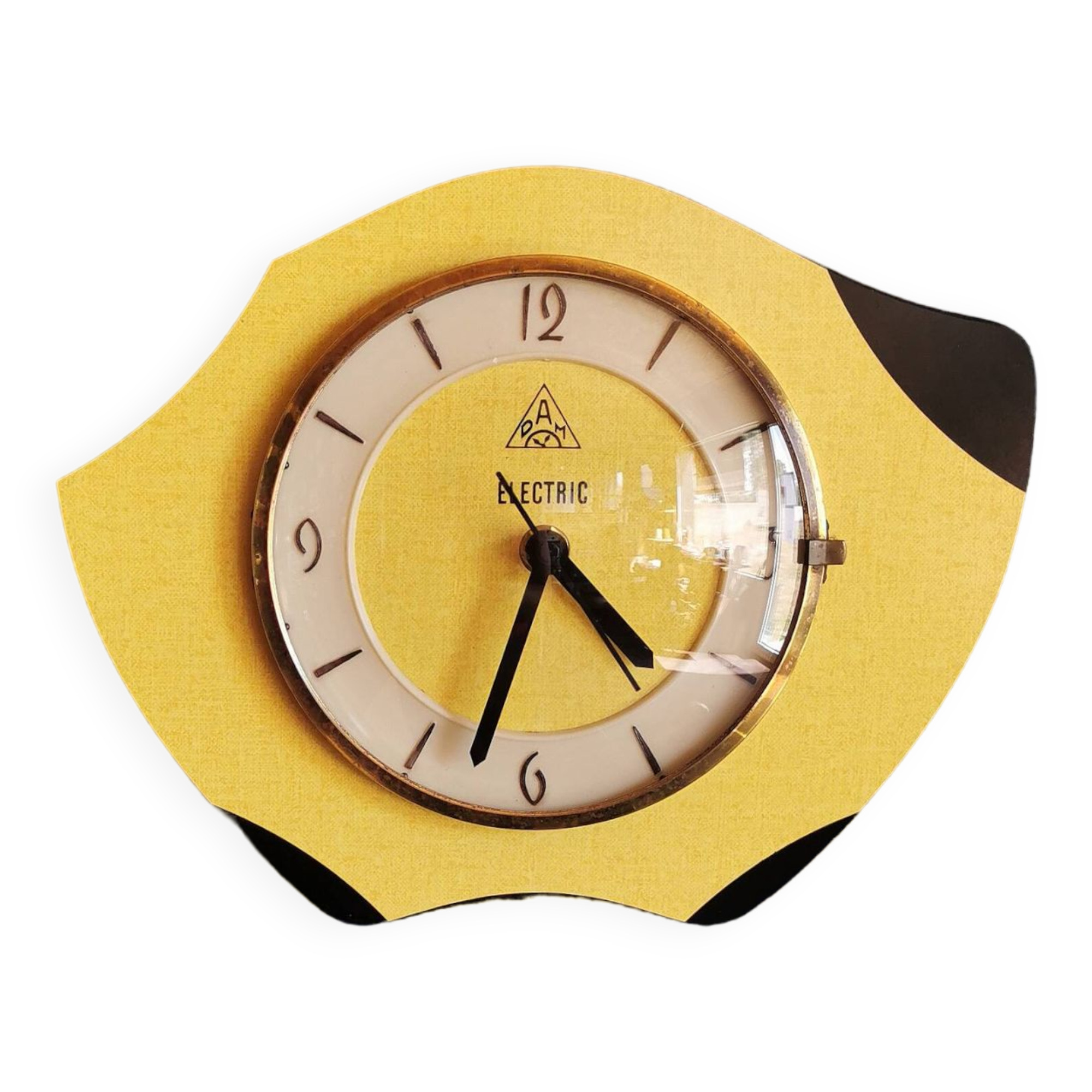 Vintage formica clock silent wall clock 60s "DAM electric yellow black"