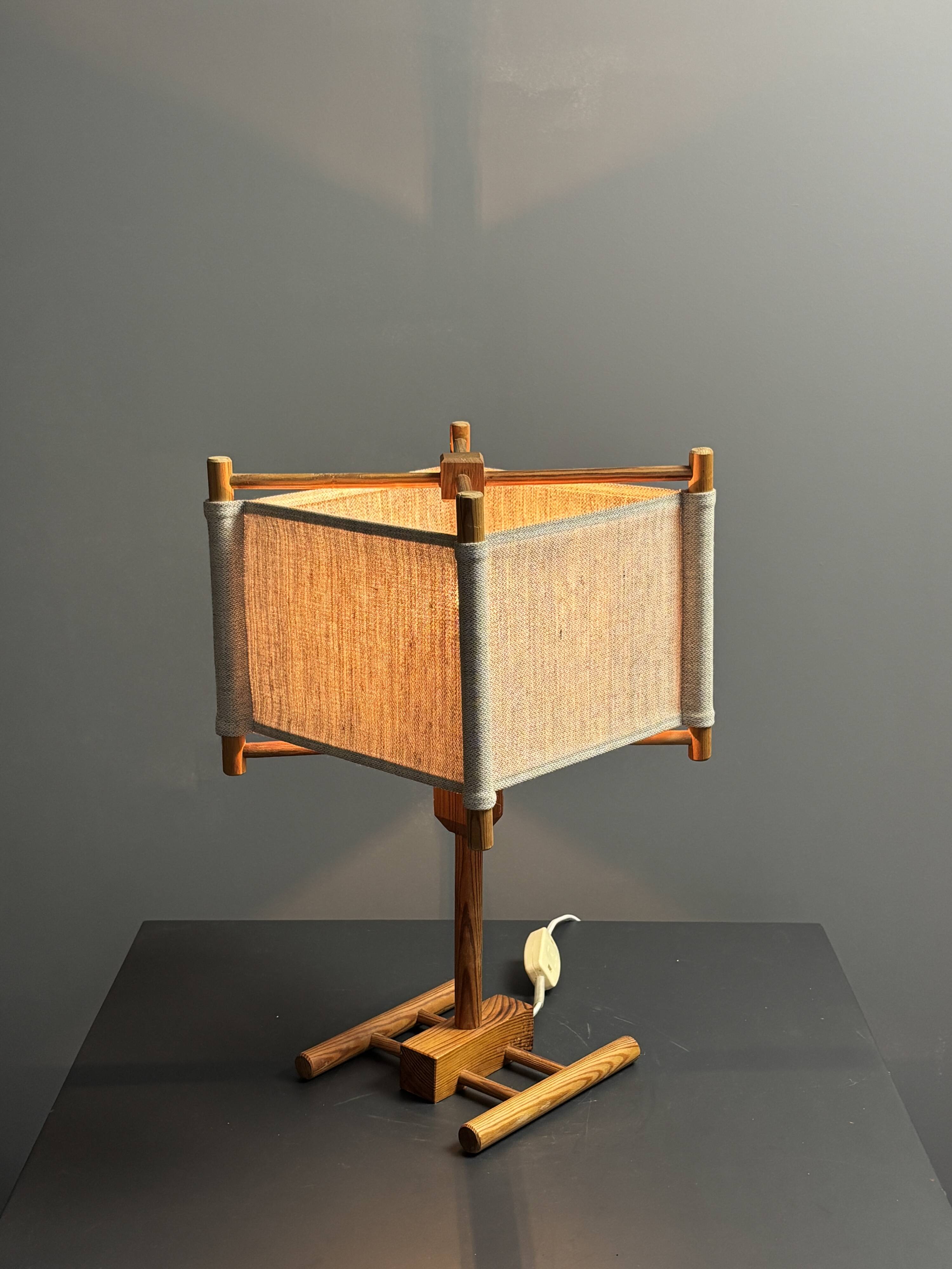 Midcentury Scandinavian pine table lamp with square fabric shade, 1970s