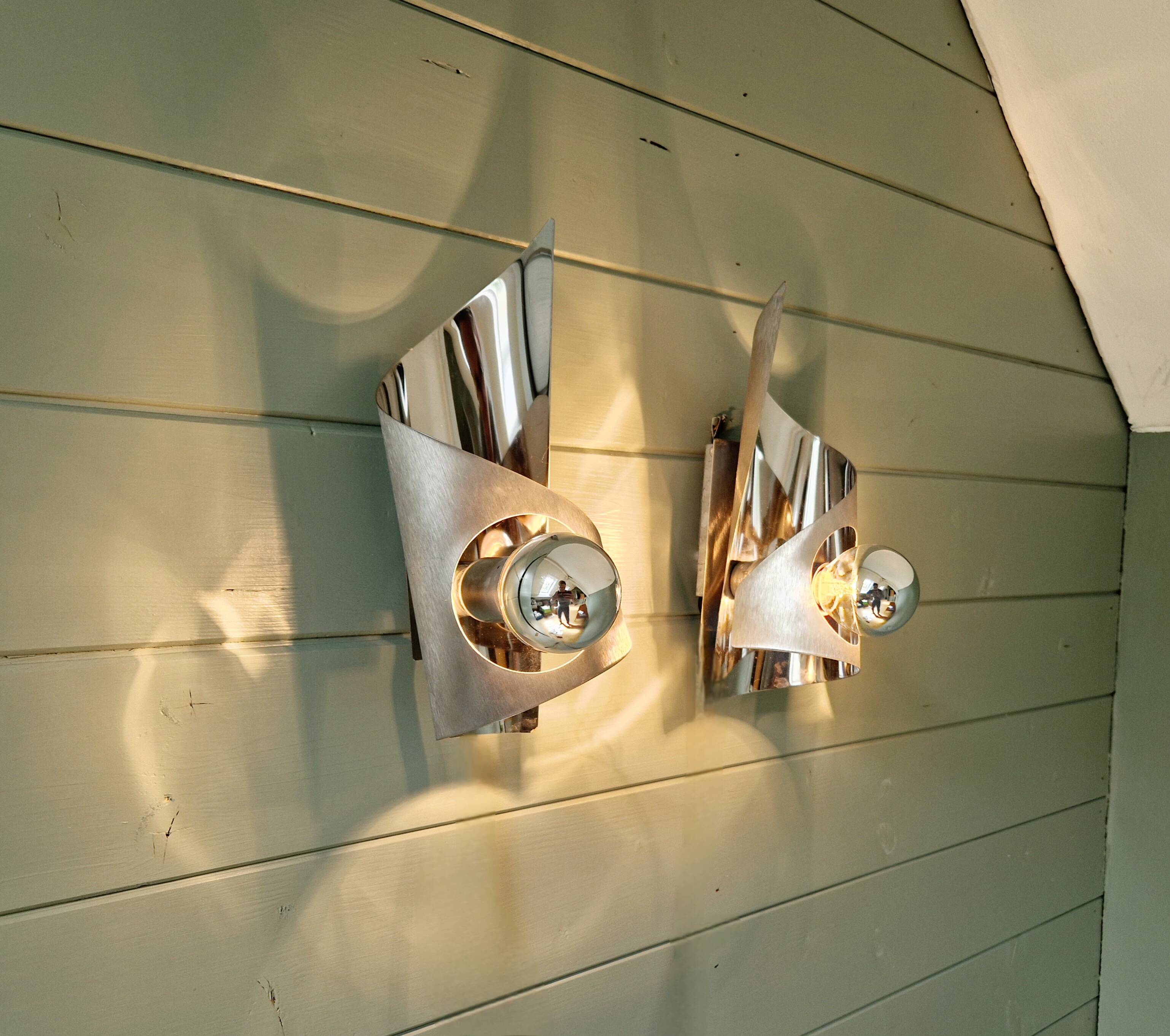 Pair of brushed aluminum wall lights, 1970s