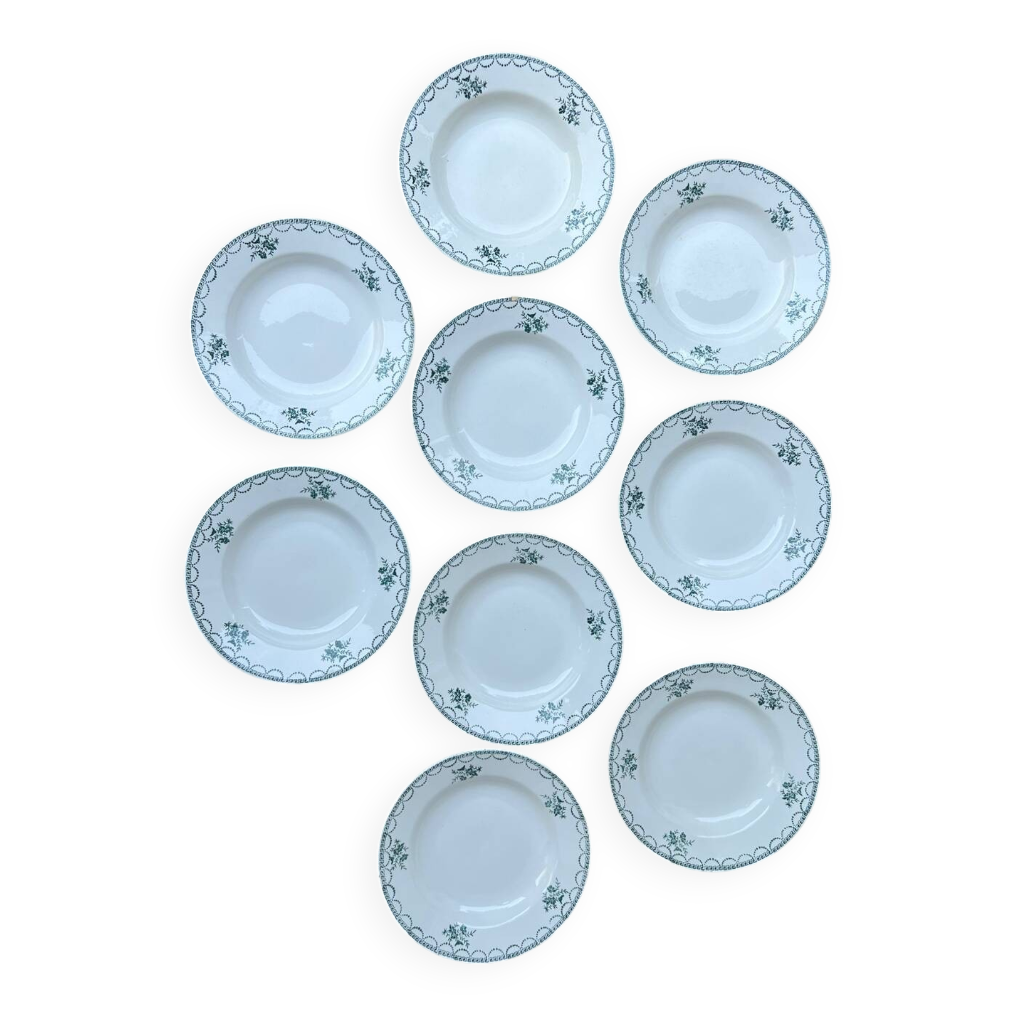 Ensemble de 9 assiettes Terre de fer fleurs vertes St Amand