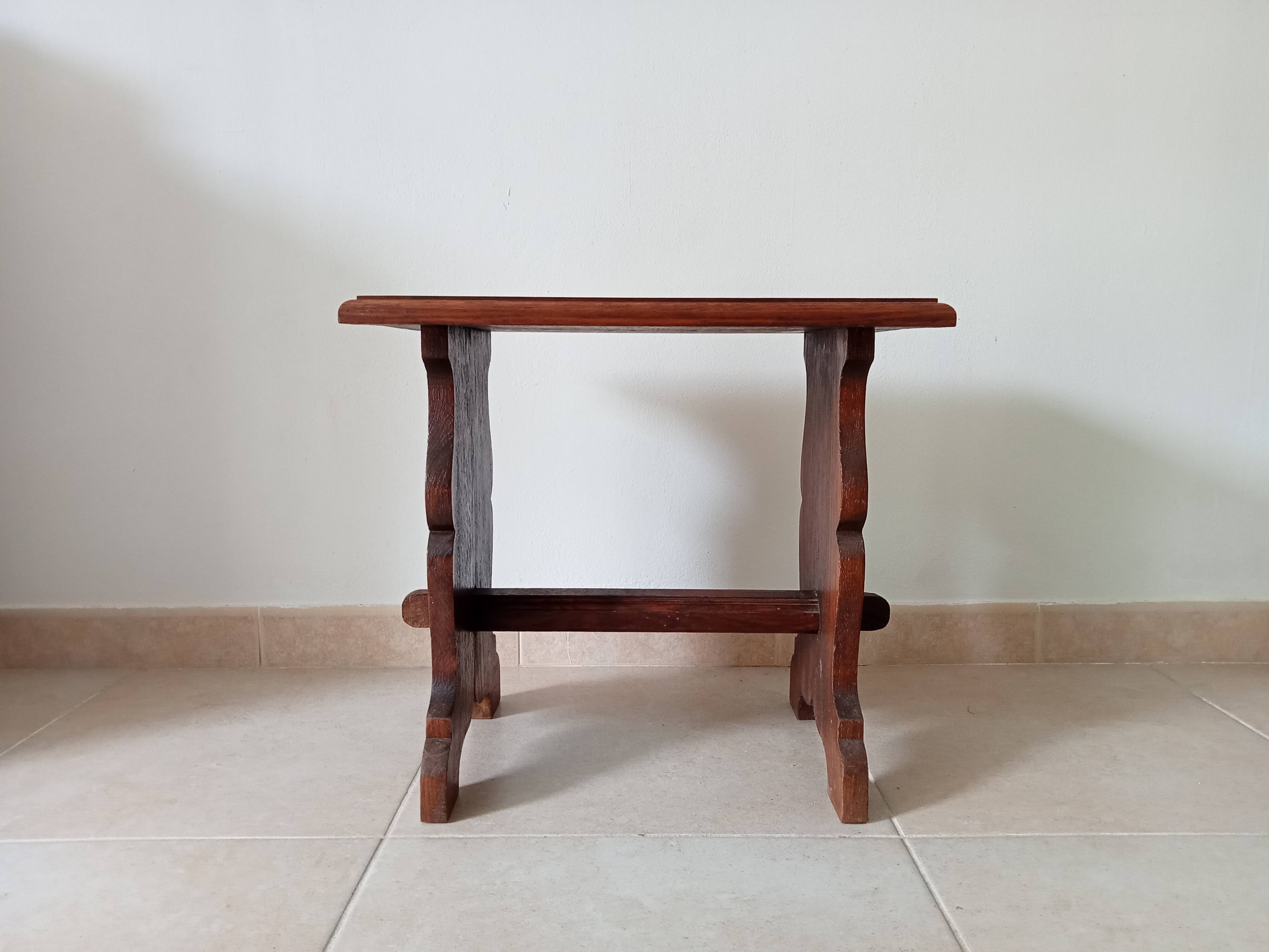 Vintage side table in solid oak, brutalist/rustic.