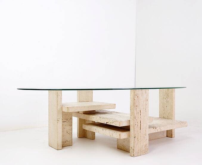 Glass and Travertine Coffee Table, Willy Ballez, 1970s