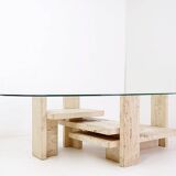 Glass and Travertine Coffee Table, Willy Ballez, 1970s