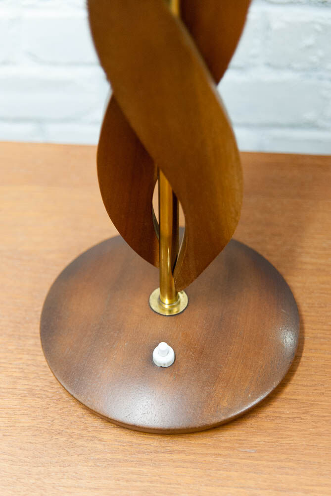 Teak brass and rattan table lamp