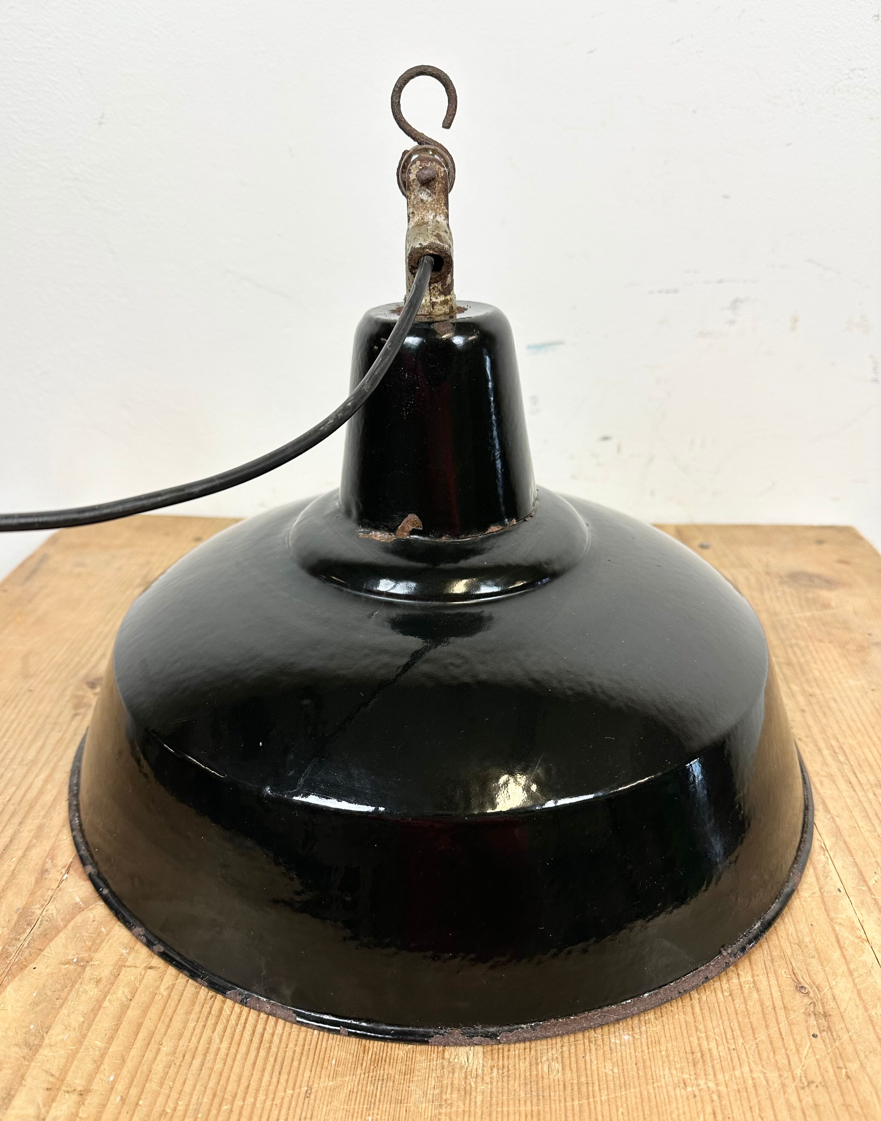 Industrial Black Enamel Factory Lamp with Cast Iron Top, 1950s