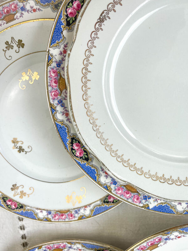 Set de 6 assiettes porcelaine et 6 petites assiettes dépareillées vintage ~ Service de table 6 personnes ~