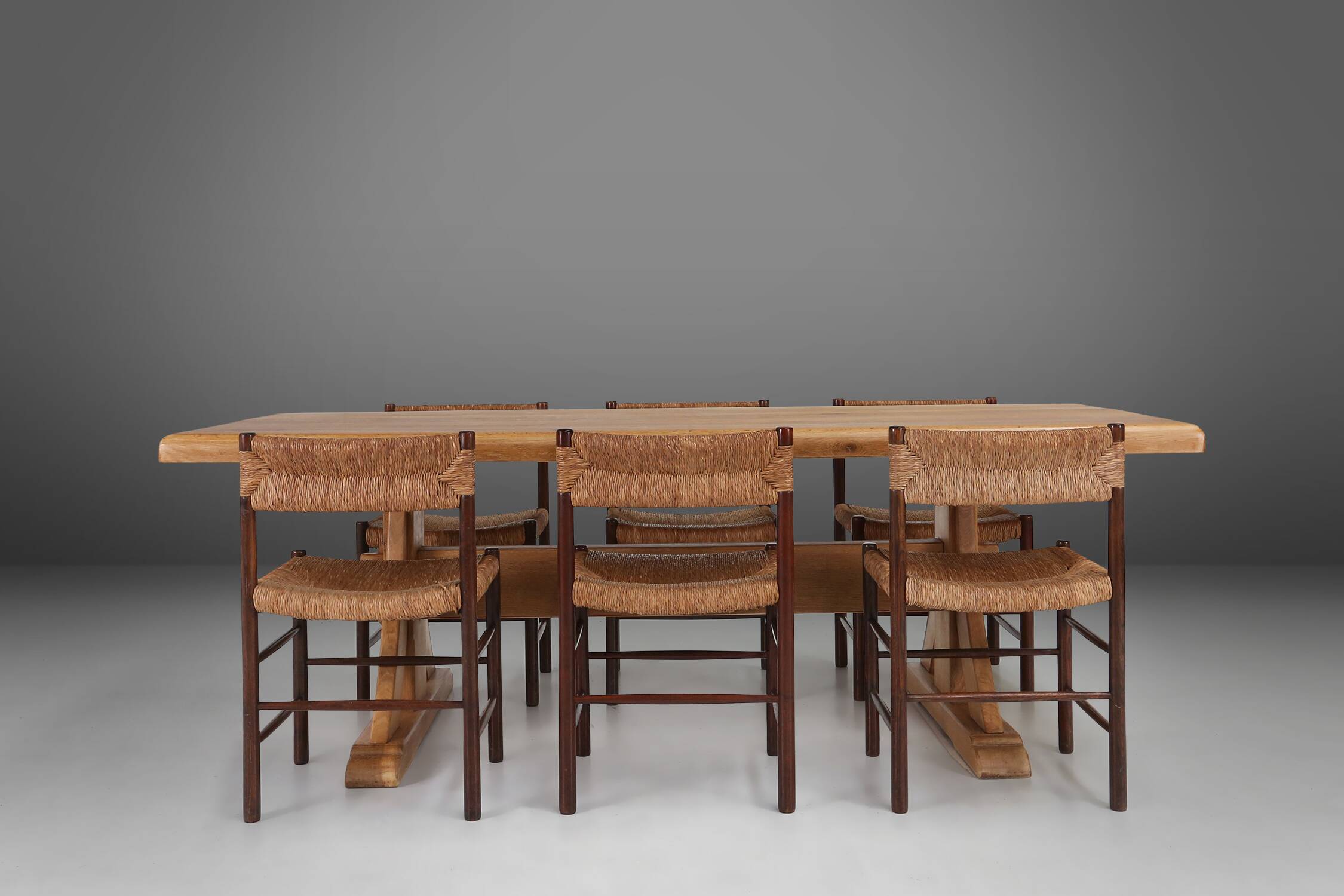 Rustic mid-century French dining table in oak from the 1950s