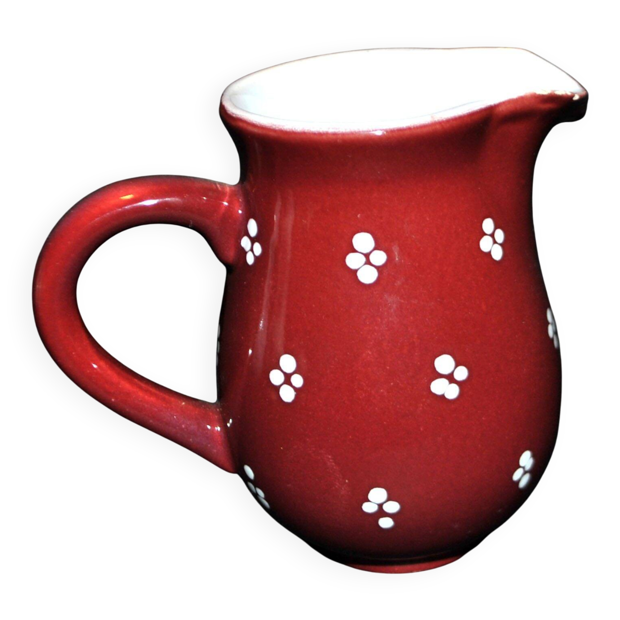 Vintage Elchinger pitcher in glazed ceramic with red polka dots