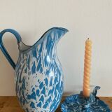Blue and white speckled enameled pitcher