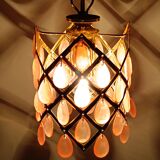 70s gold metal and pink tassel pendant light