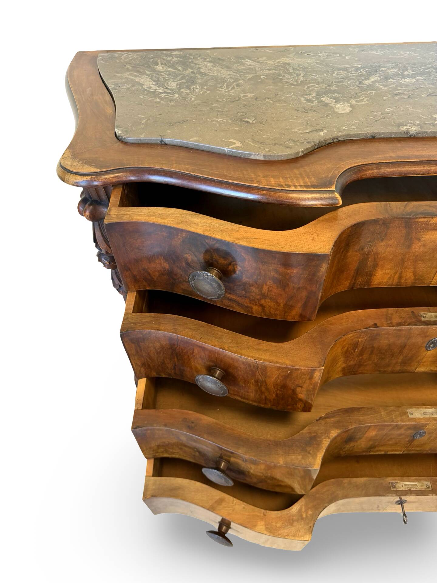 serpentine commode in antique walnut