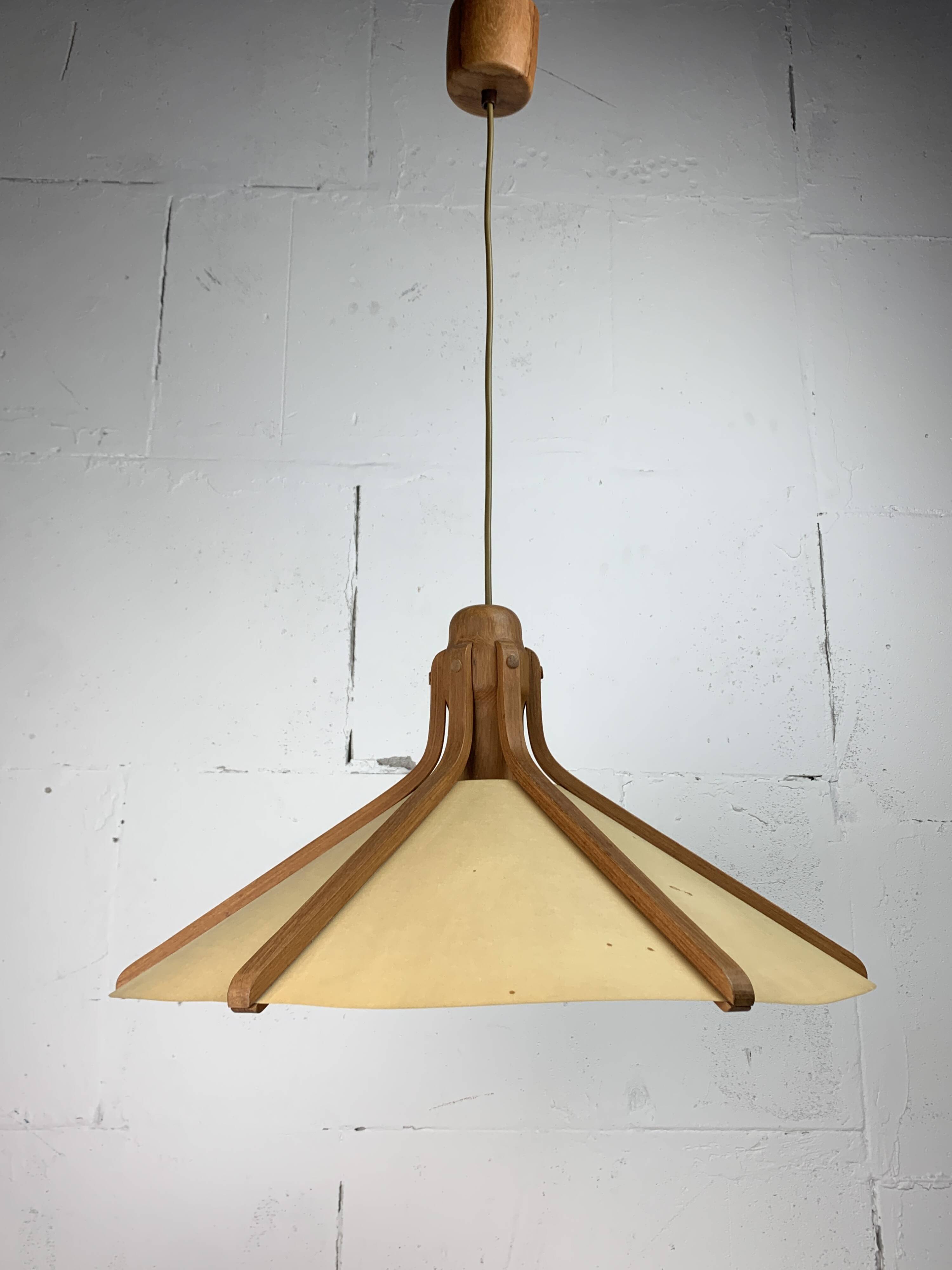Midcentury teak and perkament pendant by Temde Leuchten, 1970s