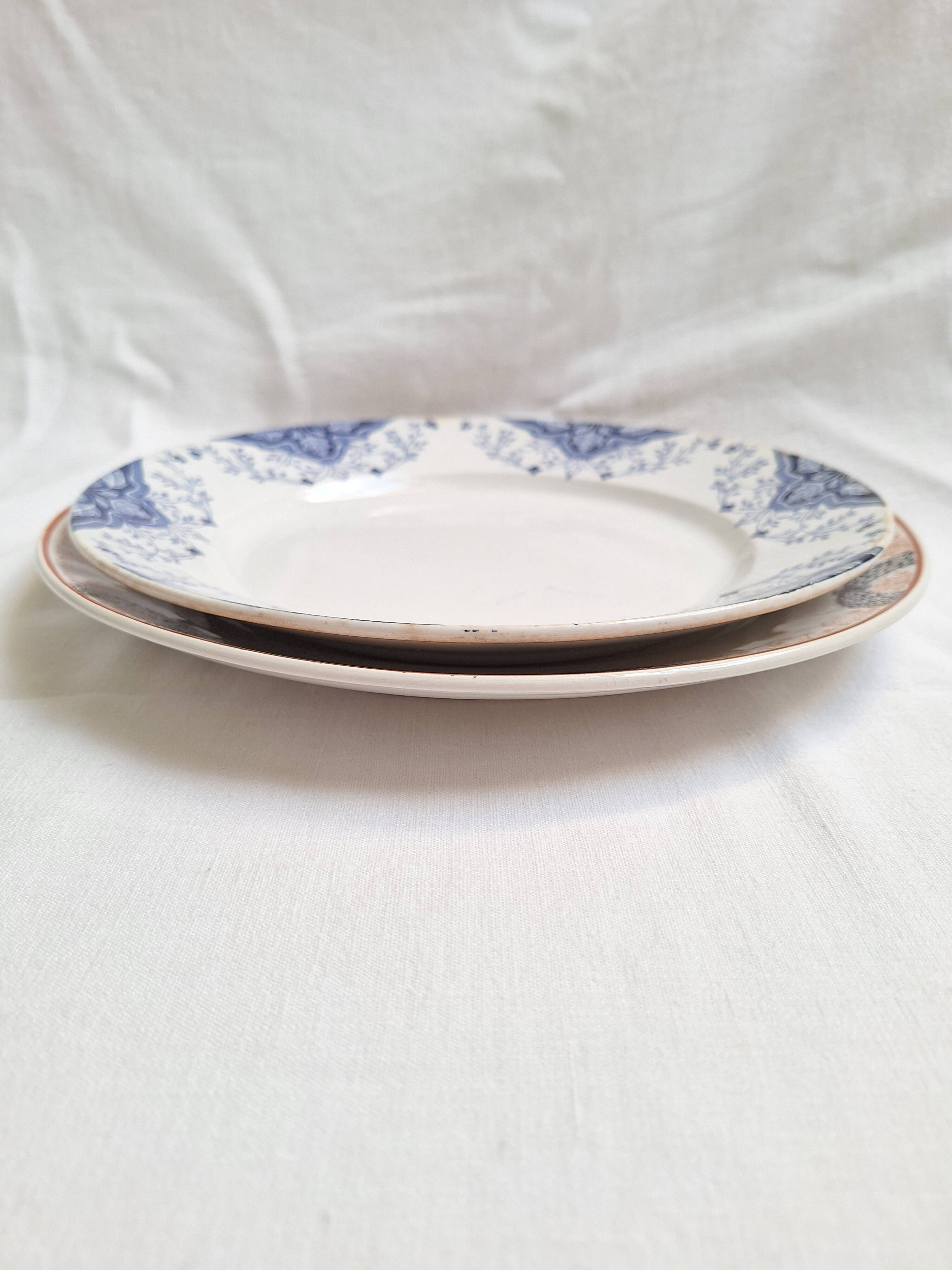 Round orange and blue plate HBCM and Creil and Montereau