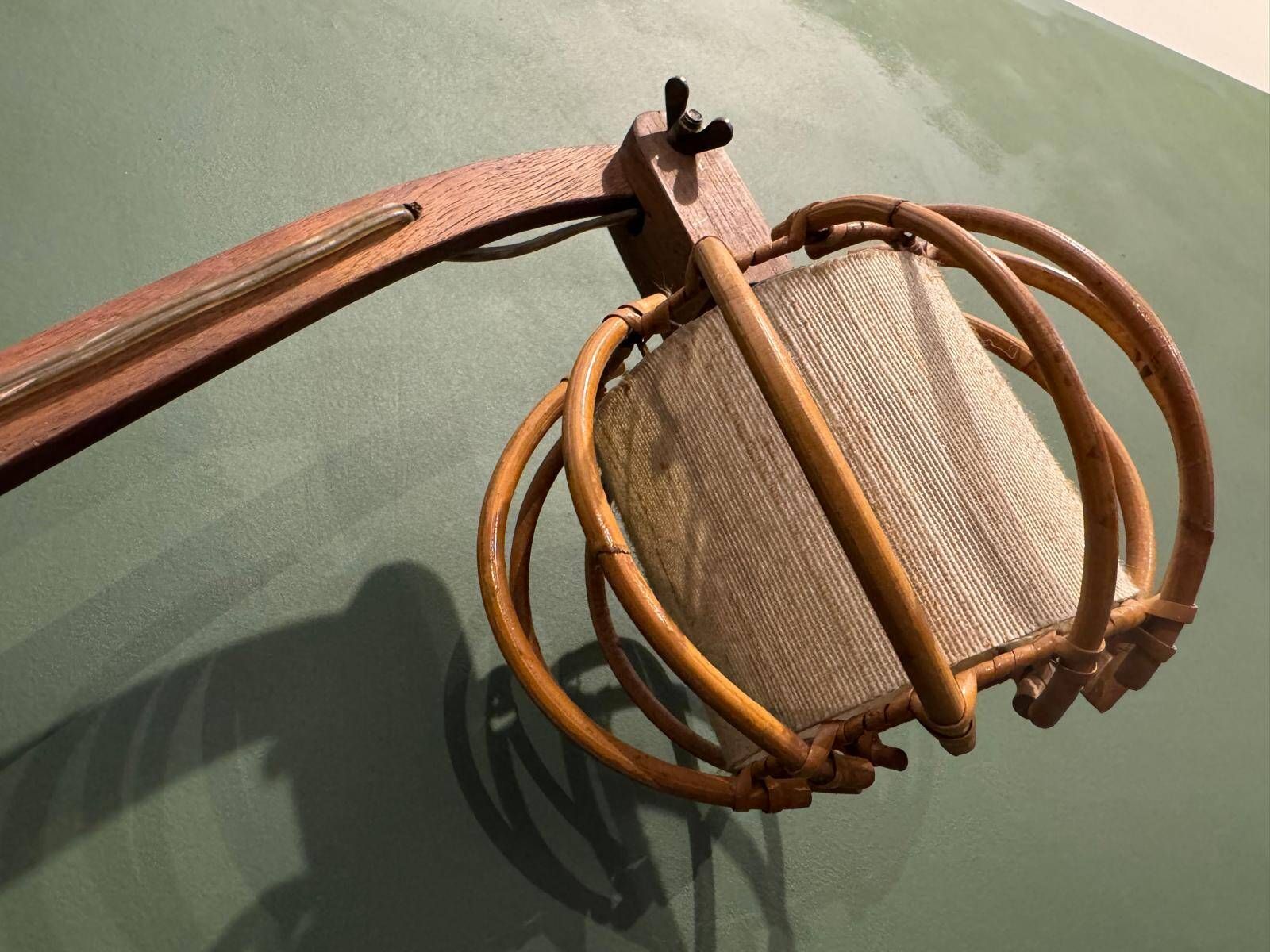 Vintage accordion wall lamp in wood, rattan and fabric