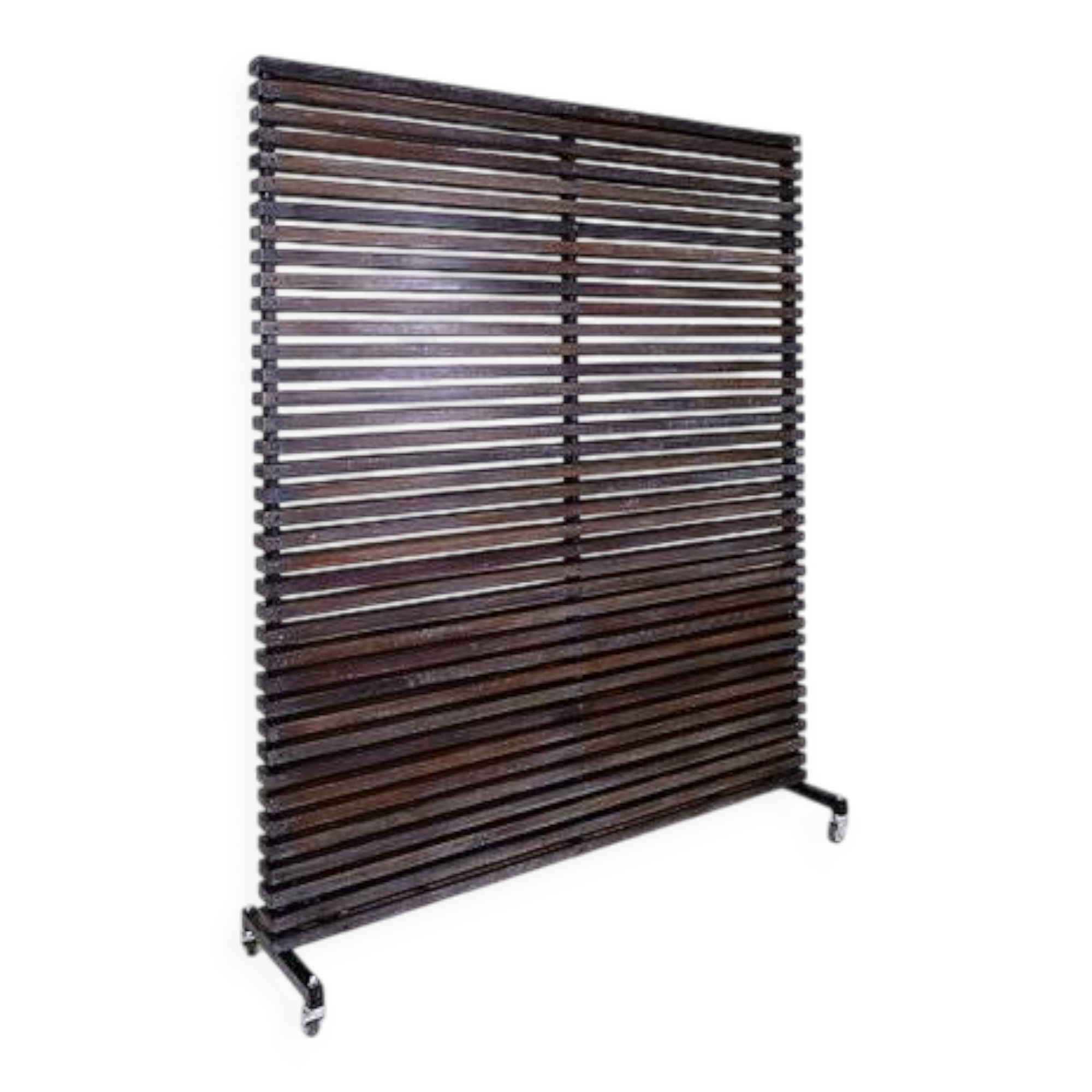 Slatted wood panel room divider or slatted coat rack with 10 mobile hooks