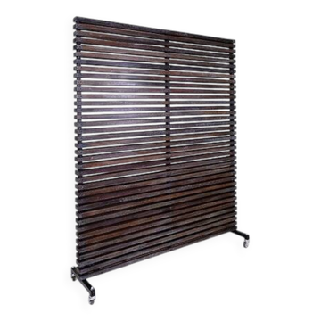 Slatted wood panel room divider or slatted coat rack with 10 mobile hooks