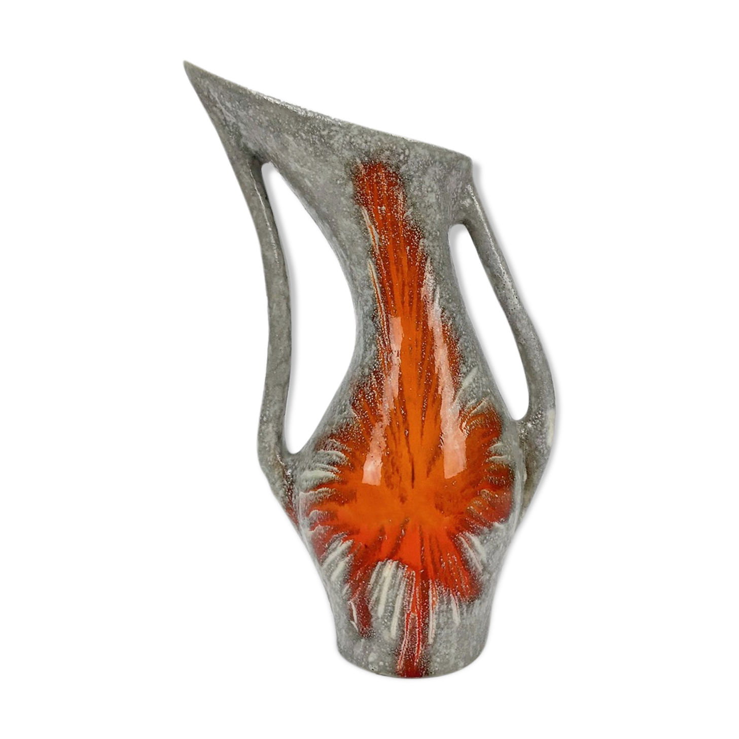 Large asymmetrical vase Vallauris pearl grey and enamelled orange