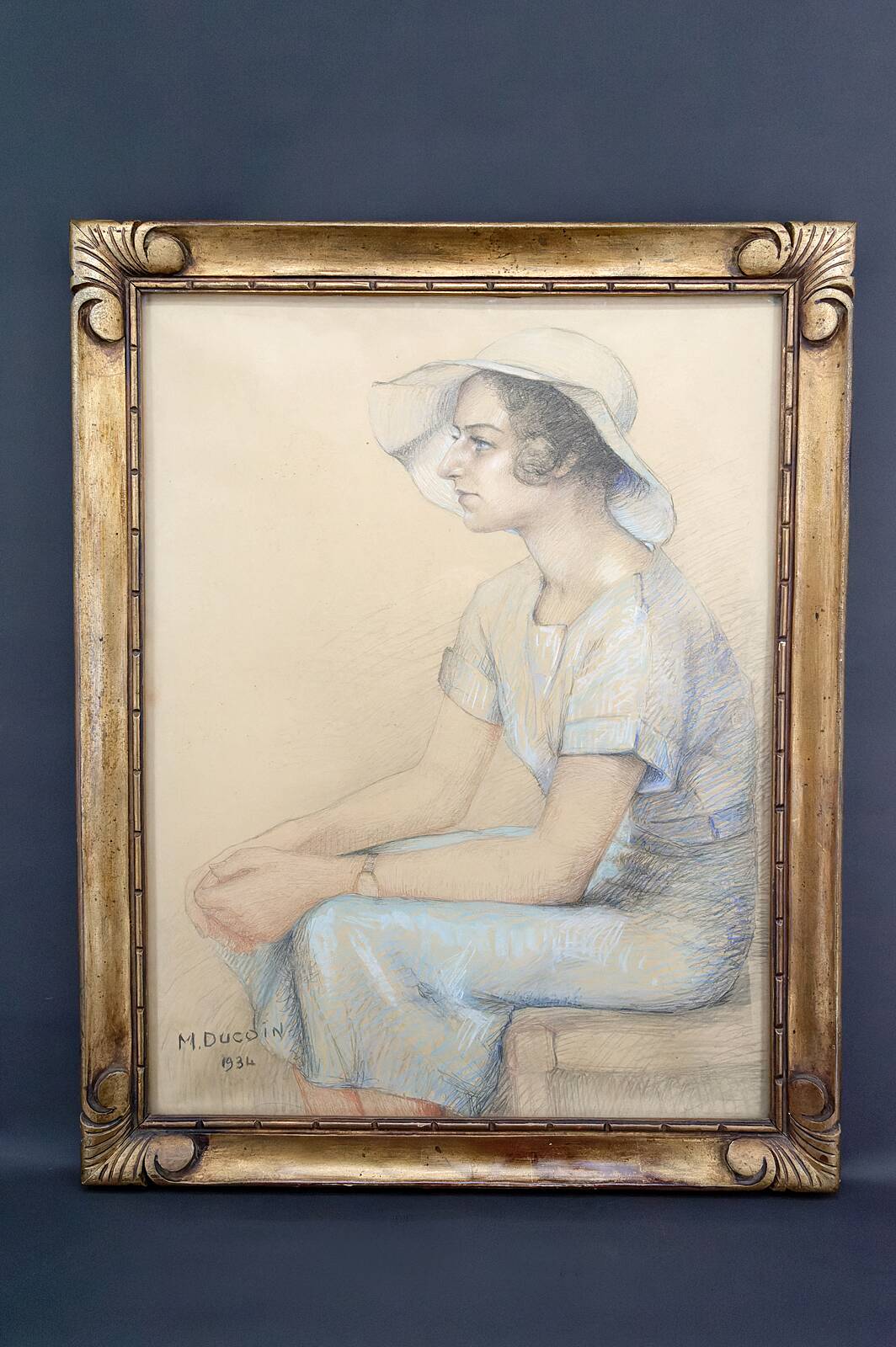 Portrait of a young woman, pastel, Art Deco, by M.Ducoin, France, 1934
