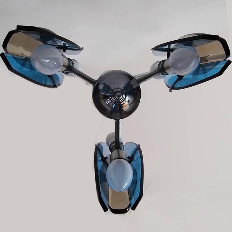 1970s Gorgeous Blue and Smoked Glass Pendant Lamp by Veca. Made in Italy