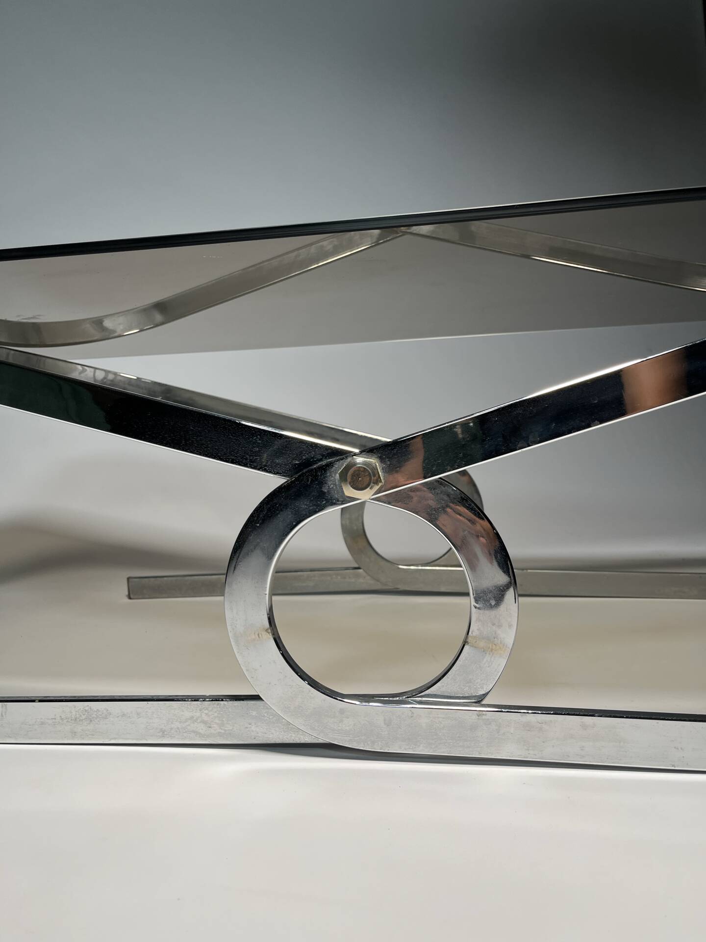 Vintage coffee table in chrome and smoked glass, 1970s.