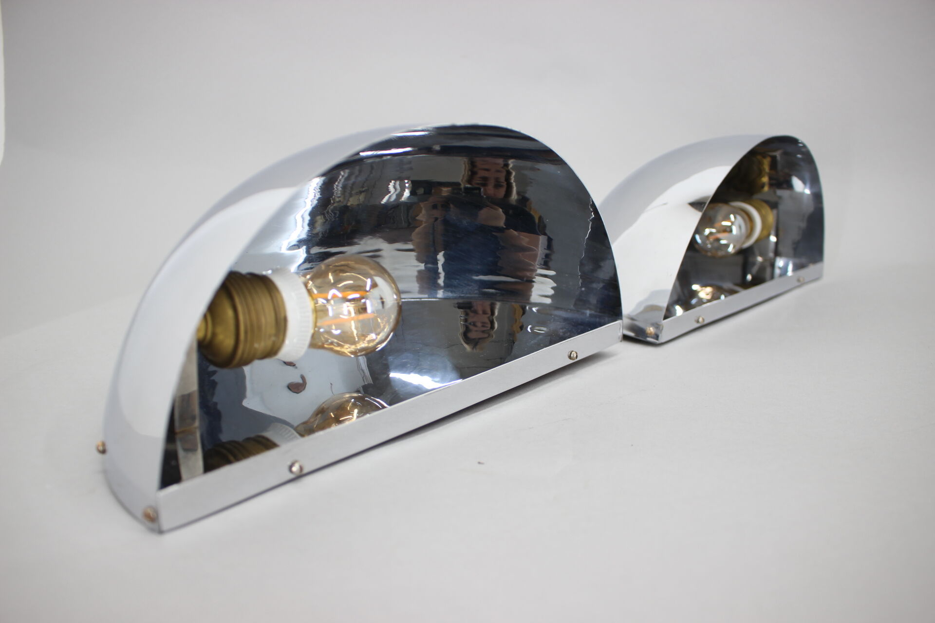 1930s pair of bauhaus chrome plated wall lamps/scones, czechoslovakia